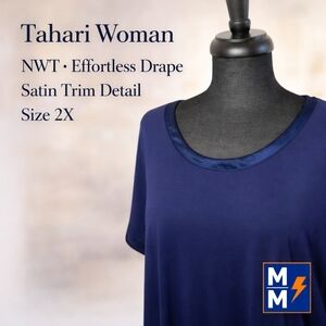 Tahari Woman NWT Navy Satin Trim Blouse 2X Flowy Top Elegant Plus Size